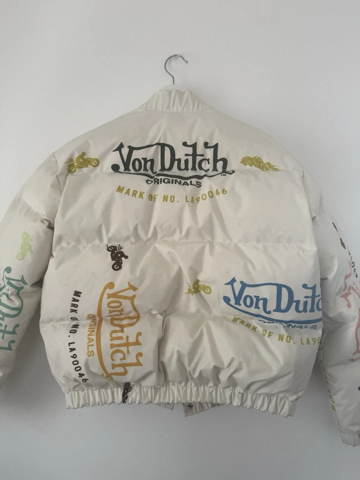 Chaqueta acolchada corta para hombre Von Dutch Paris blanca con estampado de logotipo talla M Foto 3 de 4