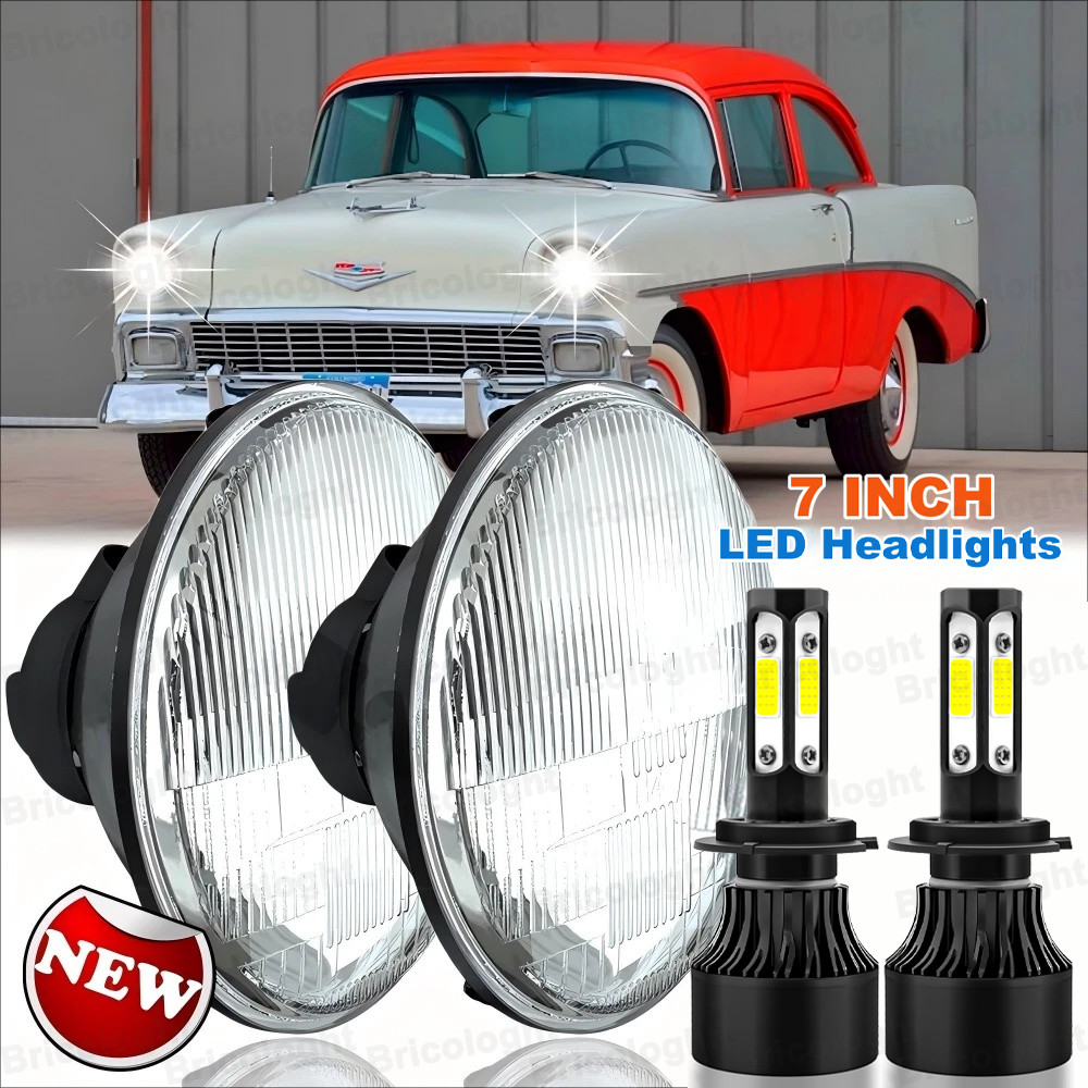 Pair 7 Inch Round LED Headlights Hi/Lo Sealed Beam for Chevy Bel Air 1955-1957