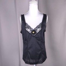 Black Lace Camisole Top Womens 36 Made in USA Lace Trim Lingerie Nightwear Tank