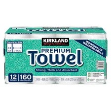 Kirkland Signature Paper Towels, 2-Ply, 160 Sheets, 12 Individually Wrapped Roll