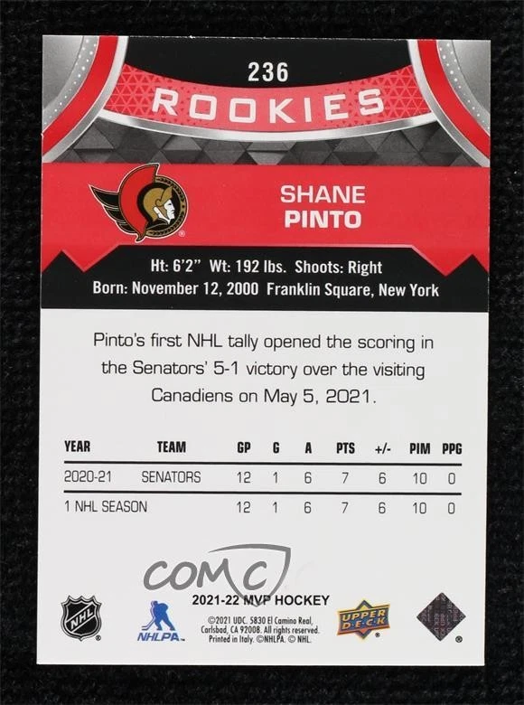 2021-22 Upper Deck MVP Rookie Red /25 Shane Pinto #236 Rookie RC - Image 2 of 2