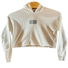 711  Abercrombie  Fitch Logo Patch Raw Hem Cropped Hoodie Cream Womens Medium