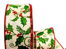 Christmas Holly Red Berries 2.5" x 5 yds Natural Wire Ribbon Gold Glitter Winter