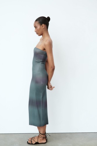 ZARA KNIT BANDEAU DRESS BODY CON BODYCON MIDI BLUE OMBRE L LARGE 12 8 40 - Picture 5 of 12