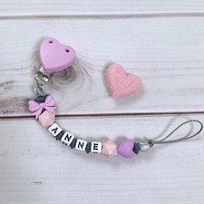 Catenella Ciuccio Nuckelkette Porta-Succhietto con Nome Silicone Grigio Lilla