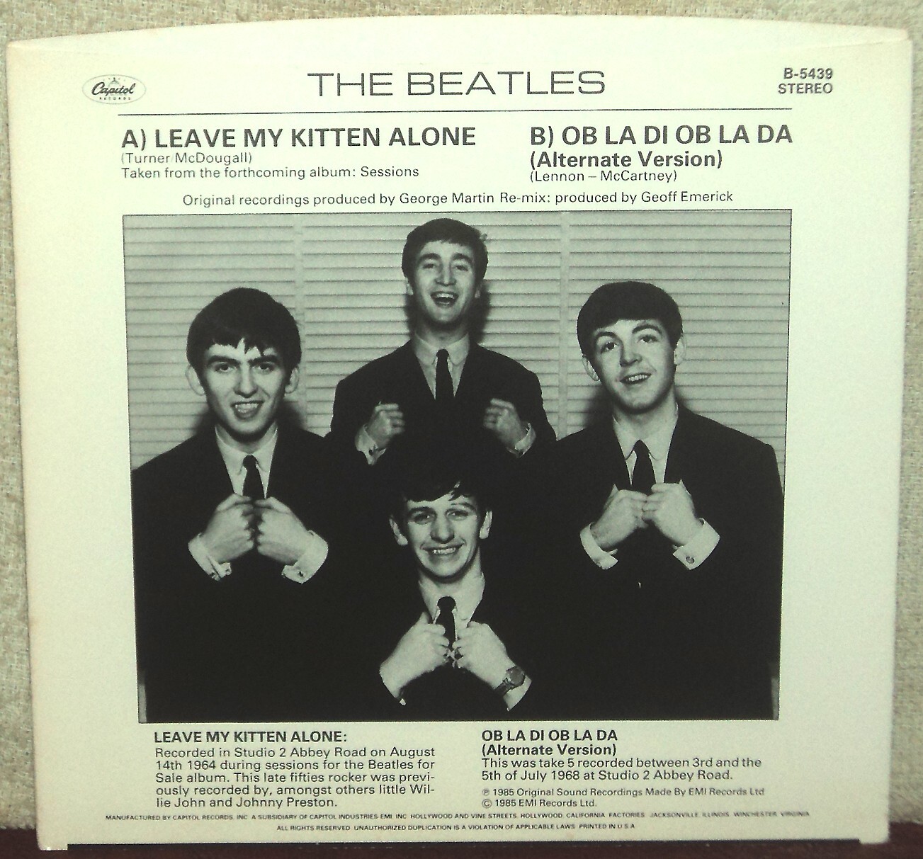 BEATLES "Leave My Kitten Alone" rare 1985 USA NON issued ps only