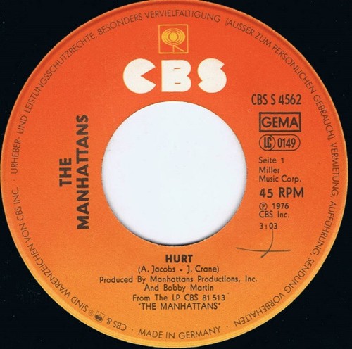 Manhattans - Hurt (7", Single) (Very Good Plus (VG+)) - 第 3/4 張圖片