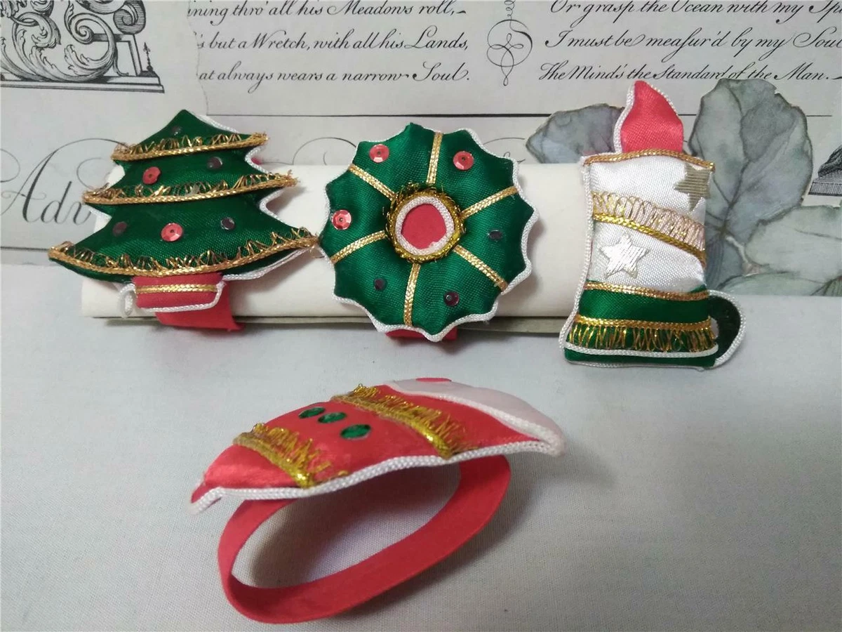 Christmas Holiday Table Napkin Rings 4 Padded Satin Sequins Gold