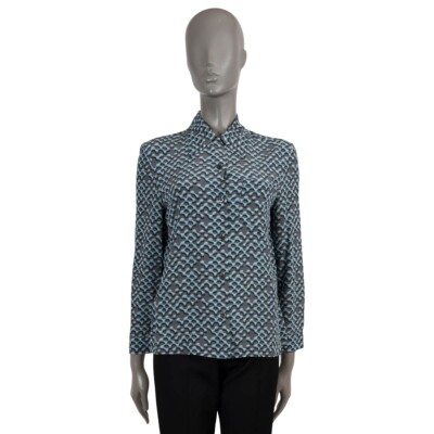 69433 auth PRADA blue & grey silk 2015 PRINTED Blouse Shirt S