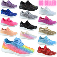 Girls Glitter Sneakers Kids Lightweight Running Walking School Shoes Multi Color