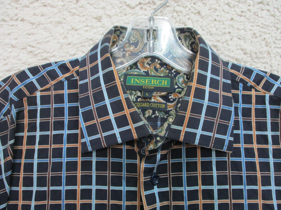 Inserch Icon Button Up Shirt Large Adult Dark Blue Check Flip Cuff Collar Mens - Image 3 of 4