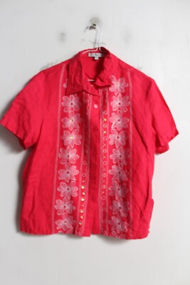 Klass Collection Floral Embroidered Linen Blend Shirt Coral Size 14 (J8
