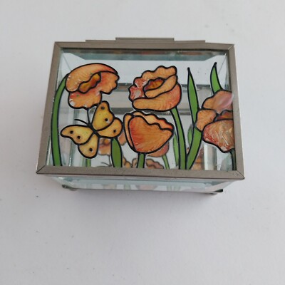 Vintage Buntglas Schmuckkästchen/Schmuckkästchen-Florales Design, aufklappbar, verspiegelter Sockel