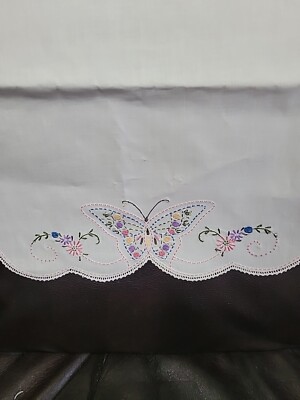 Hand Embroidery Table Runner Dresser Scarf Butterfly Flowers Crochet Edge VTG