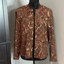 Notations Petite PL Paisley Jacket Brown Zip Front Boho Artsy Lightweight Blazer