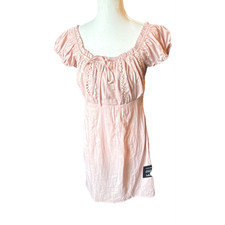 Lulus M Light Pink Puff Sleeve Crochet Accent A-Line Dress Square Neck Short