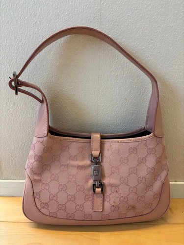 GUCCI GG Shoulder Hand Bag Turnlock Leather Canvas Pink Silver Hardware Japan