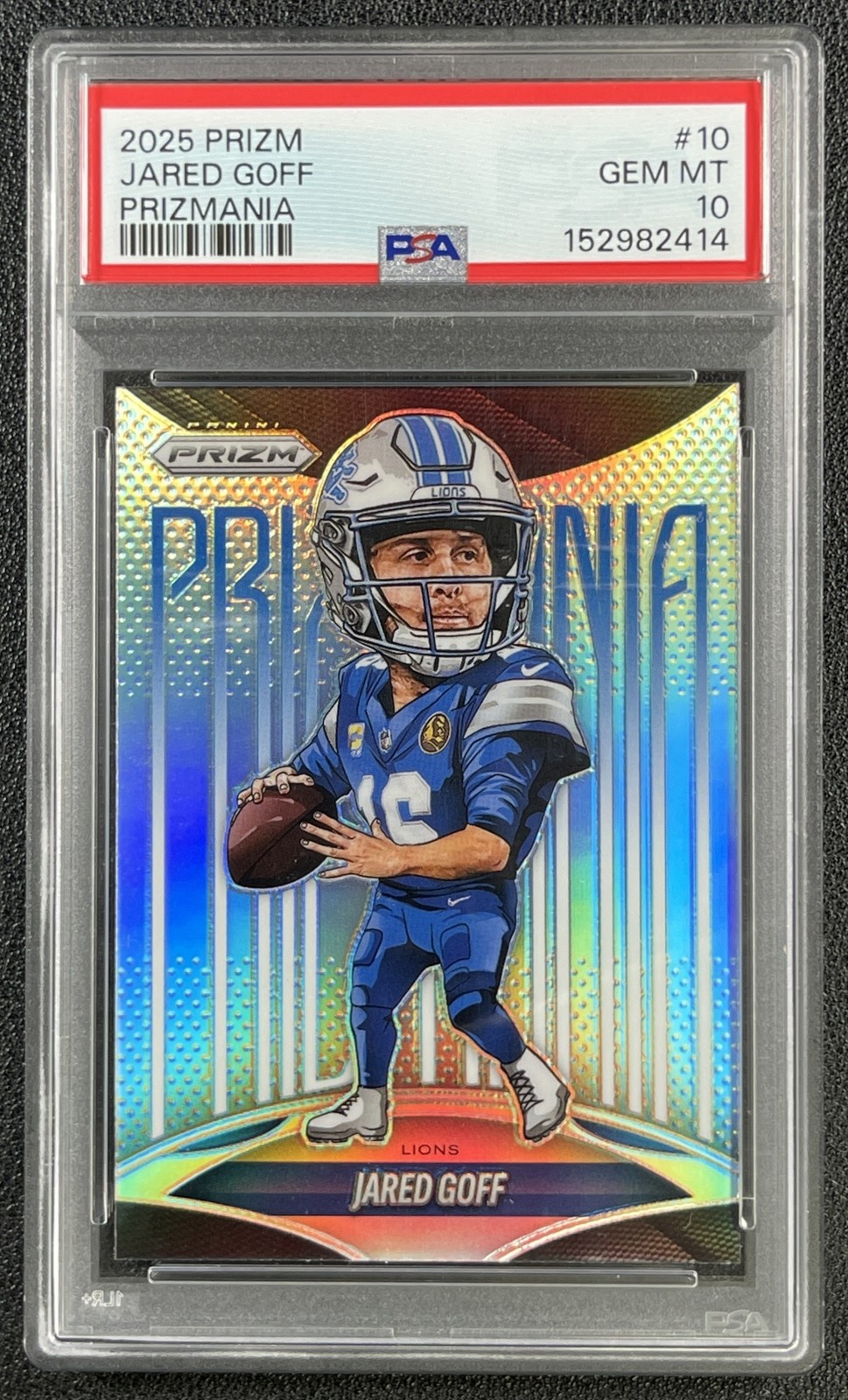 JARED GOFF PSA 10 2025 PANINI PRIZM #10 PRIZMANIA SP LIONS 2414 view 1