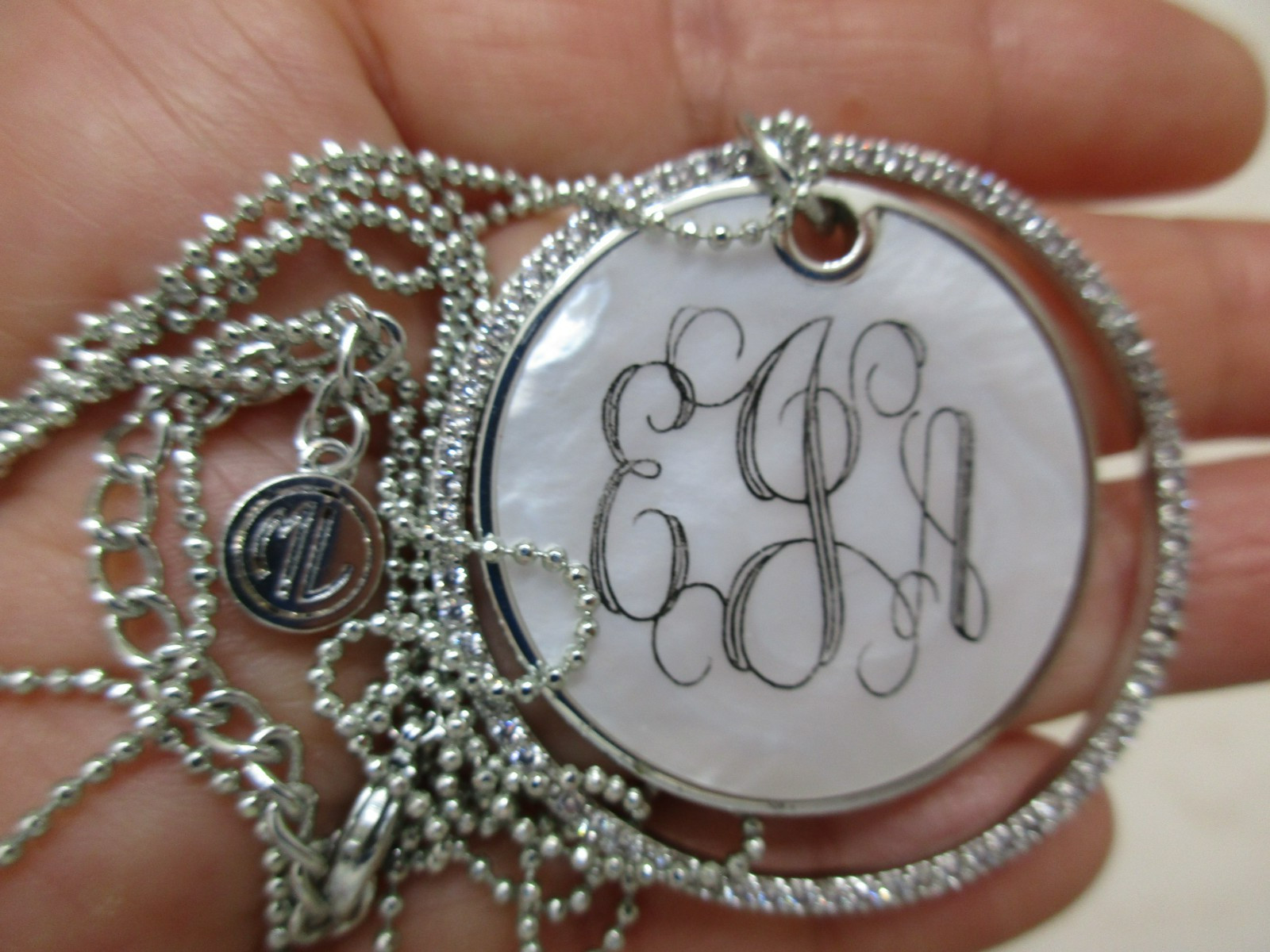 Signed ML Monogram Two Circle MOP/Crystals Pendan… - image 13