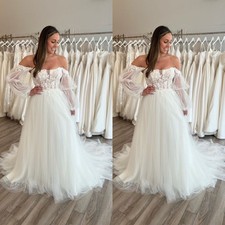 Boho Wedding Dresses Off Shoulder Long Sleeves Lace Beach A Line Bridal Gowns