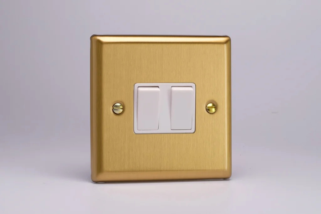 Switch Brass Double Intermediate Light 10A 2-Gang Classic Brushed + White Insert