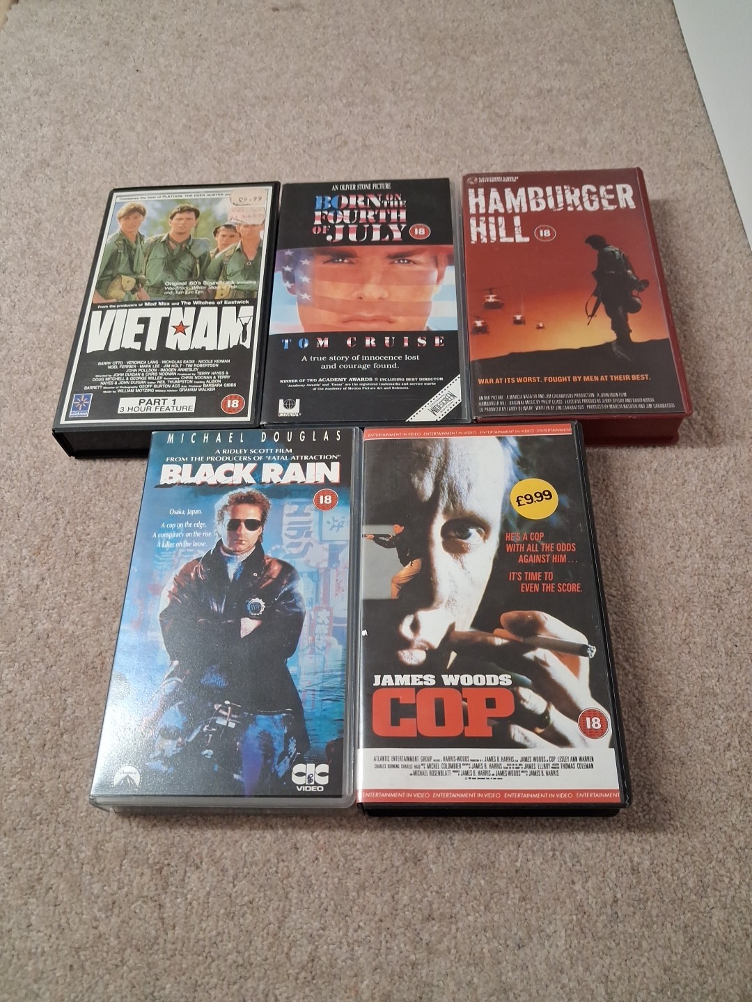 VHS Bundle X 5 , 18 Age Rating, Vietnam, Hamburger Hill, Cop, Black Rain Etc