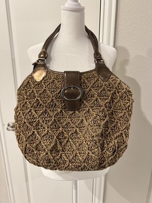 BRIGHTON MEDIUM BRONZE WOVEN STRAW BAG WITH LEATHER TRIM, BRAIDED DOUBLE STRAPS