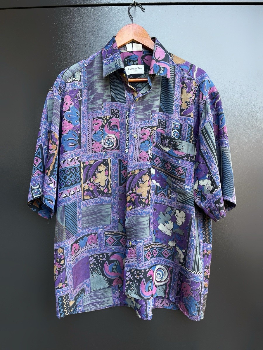 値下げ‼️Christian Dior vintage　シルクシャツサイズL Christian Dior Paris Vintage 100% Silk Purple Shirt L 41/42