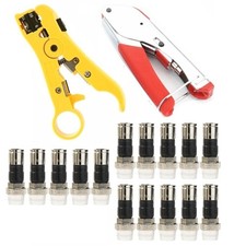 Coax Wire Cable Crimper Stripper Tool Kit  15 Male F RG6 Compression Connectors