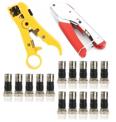 Coax Wire Cable Crimper Stripper Tool Kit + 15 Male F RG6 Compression Connectors