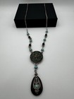 Vintage Avon Ornate Silver Tone Turquoise Beaded Brown Pendant Necklace 20" — photo 1