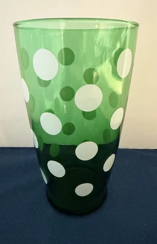 VTG 1950 Anchor Hocking Forest Green White Polka Dot Barrel Shaped 28 oz Tumbler