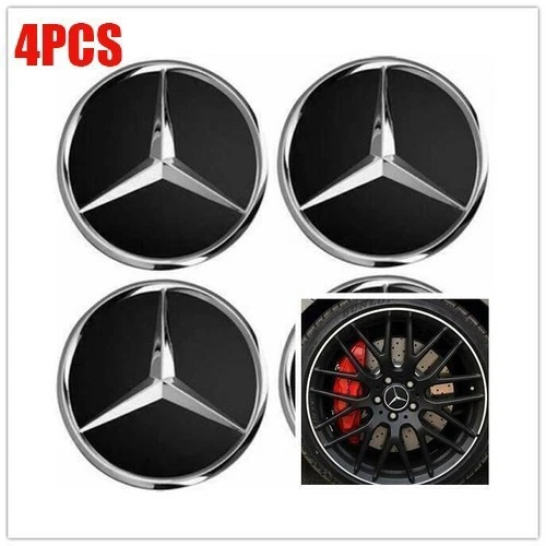 BLACK MERCEDES-BENZ SET OF 4 X 75MM/2.95in Wheel Center Caps Fits Most Models US Foto 2 de 4