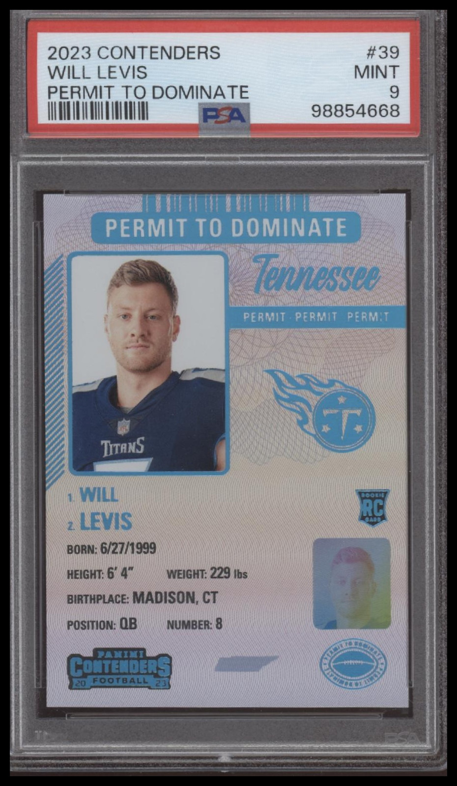 2023 Panini Contenders #39 Will Levis Permit to Dominate PSA 9