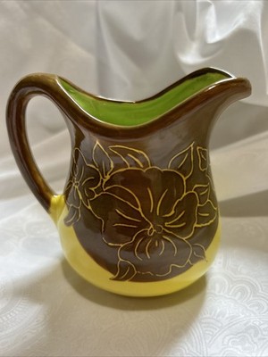 Vtg Handmade Ceramic Pitcher With A 2 Tone Glaze Floral Motif Signed & Dated