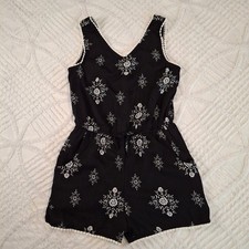 Paper Doll Girls 14 Black Floral Medallion Pom Pom Trim Sleeveless Romper