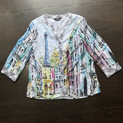 Ali Miles Button Up Tunic Top Womens Paris France Cityscape Artsy Eclectic READ