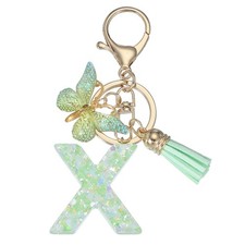 Alphabet Initial Letter Keychain Cute Charm with Tassel Butterfly Letter x Green