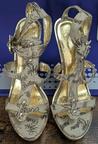 Apple Bottoms Platform Heels Gold Logo Strappy Wedge Sandals Size 9 Rhinestones - Picture 2 of 10