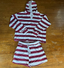 Women's 2-Piece Striped Hooded Hoodie  Shorts Set Knit Cotton Burgundy M