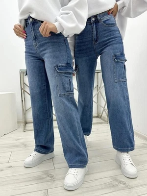 MARKENLOS Damen HIGH WAIST Cargo Jeans STRETCH Hosen Loose Fit Wide Leg 34/XS-42/XL - J01