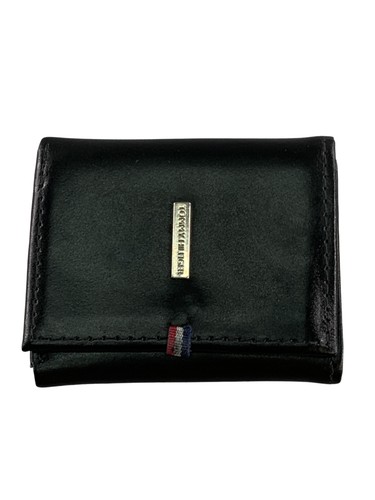 Tommy Hilfiger Wallet Mens Black Leather Trifold ID Window Logo Plaque Card Case