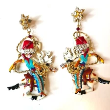 Lunch At The Ritz Elf Riding Reindeer Christmas Enamel Dangle Earrings 