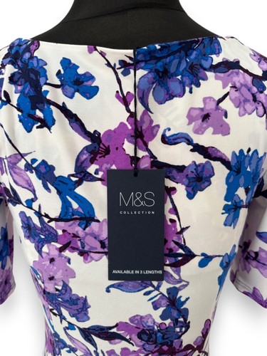 M&S Collection Dress Women's Size 8 Purple Floral Stretch Pencil Bodycon Ruched - Picture 9 of 13