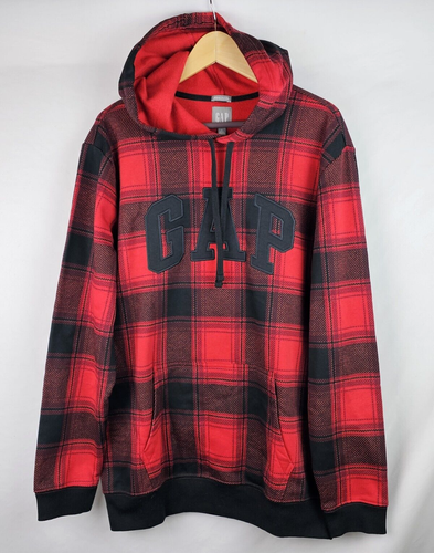GAP Men's Hoodie Sweatshirt Size LT Large Tall Red Buffalo Plaid Fleece Shirt