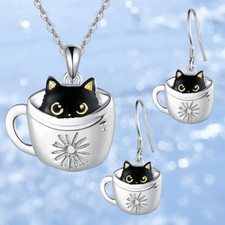 3pcs Exquisite Cute Little Black Cat In Cup Earrings Necklace Set Holiday Gift