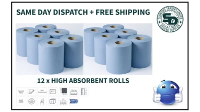 ESP ENIGMA !!SALE!! 12 X 150m Blue Rolls Centrefeed Embossed Paper Towels Hand Tissue Wipes