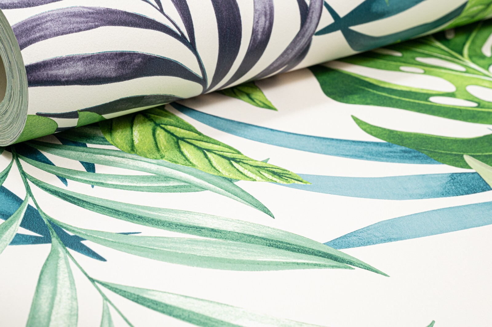 Tropical Green Leaves Wallpaper Cream Teal Jungle Forest Palm Leaf