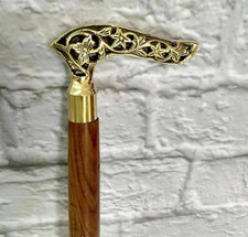 Antique Brass Victorian Handle Wooden Vintage Style Walking Stick Cane Designer