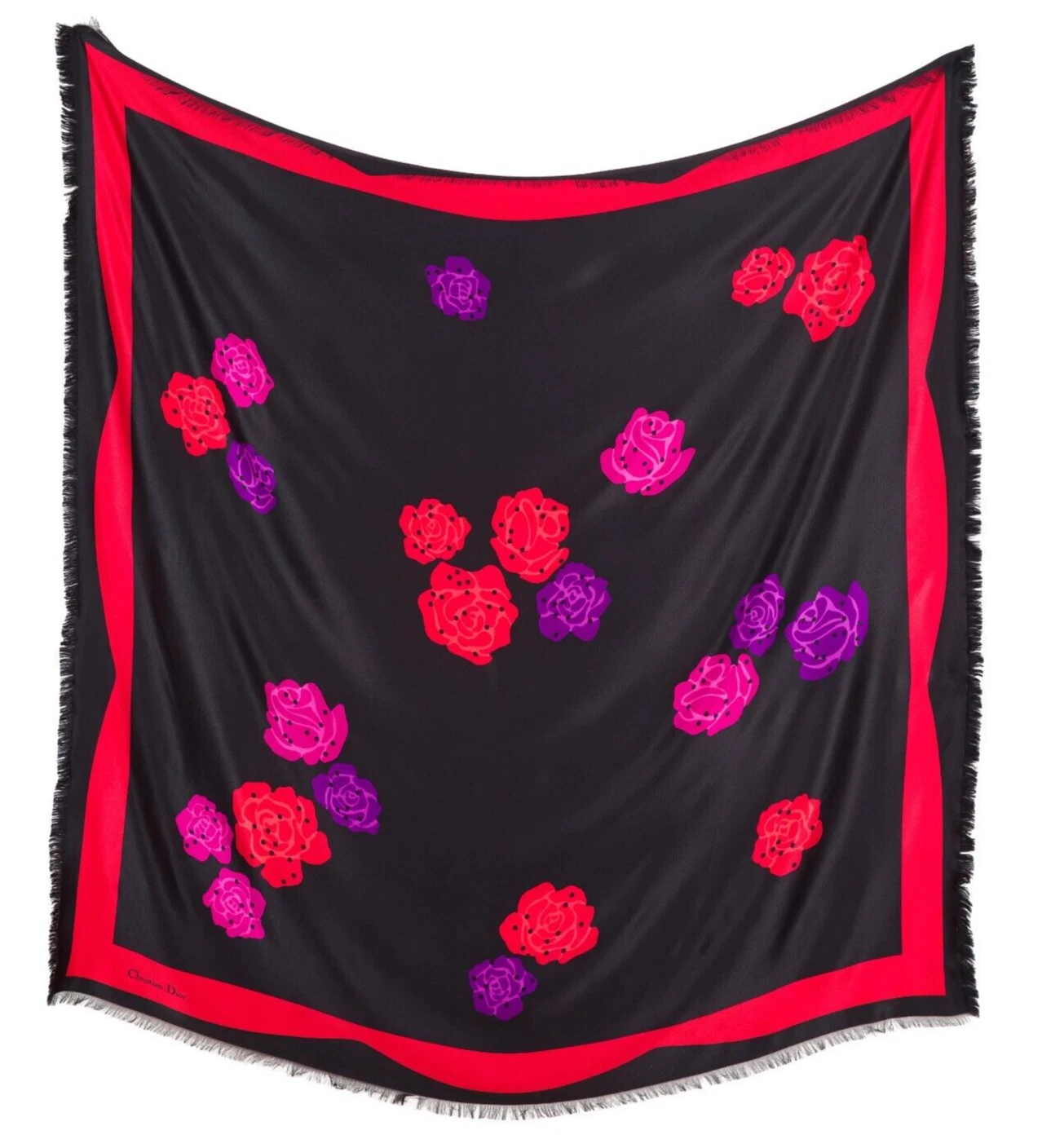 Foulard châle en soie noire imprimé à pois rose 54